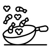 Chef tossing shrimps in wok with spices for delicious meal preparation vector