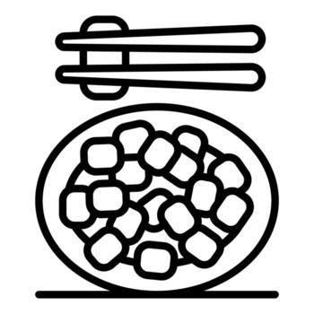 Chopsticks picking up tofu from plate of cubed bean curd vector