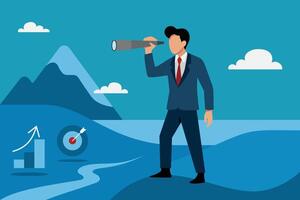 Faceless businessman in suit using telescope in abstract landscape, symbolizing business vision, planning, and strategy. Includes mountain, graph, and target icons for business success concept. vector