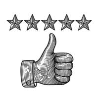 Hand drawn vintage thumbs up gesture with five stars above, representing excellent rating, positive review, customer satisfaction, and quality service in engraved sketch style. vector