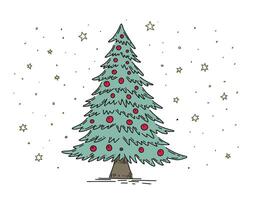 Christmas green tree with snow, set on white, hand drawn illustration vector