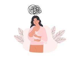 Mother experiencing stress and emotional overwhelm while breastfeeding her newborn. Baby blues and postpartum adjustment challenges. Flat Style Illustration isolated on white background. vector