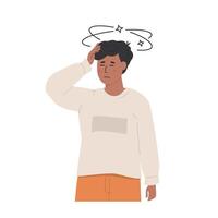 Young boy or teenager experiencing dizziness and holding his head with a pained expression. Symptoms of vertigo, dehydration, pediatric health issue. Flat Style Illustration isolated on white. vector