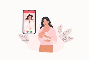 Unhappy mother using mobile app to consult with lactation consultant for breastfeeding and latch problems. Digital health support for new moms. Flat Style Illustration. vector