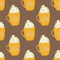 Yellow Coffee cup icon seamless pattern on brown background. Hot drink coffee. Seamless pattern for fabric, textiles, clothing, wrapping paper, cover, banner, home decor, abstract background vector