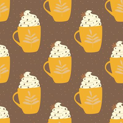 Yellow Coffee cup icon seamless pattern on brown background. Hot drink coffee. Seamless pattern for fabric, textiles, clothing, wrapping paper, cover, banner, home decor, abstract background