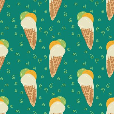 Colorful ice cream cone seamless pattern on isolated green background. Colorful combination for fabric, textiles, clothing, wrapping paper, cover, banner, home decor.
