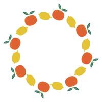 Round frame decorated with oranges and lemons with green leaves. Illustration for greeting card, invitation template. vector
