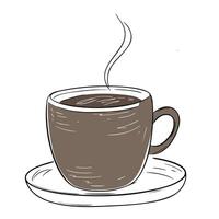 Hand drawn mug with warm drink in cozy sketch style with black outline. Home decor element vector