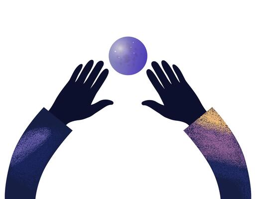 Silhouettes of hands reaching toward planet in mystical cosmic style
