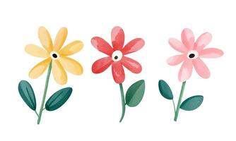 Hand drawn watercolor set with cute daisies in childlike style for fun seasonal decoration and prints vector