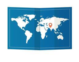 Flat illustration of folded world map with location pin for travel design, navigation, trip planning and tourism vector