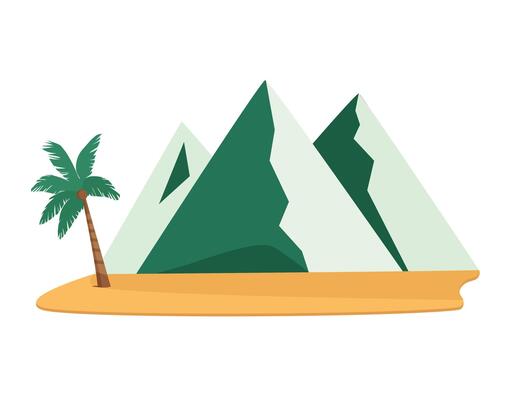 Flat illustration of mountains and palm for travel design, adventure themes, nature projects and tourism