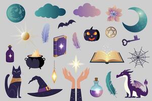 Fantasy illustrations with magical symbols and elements vector