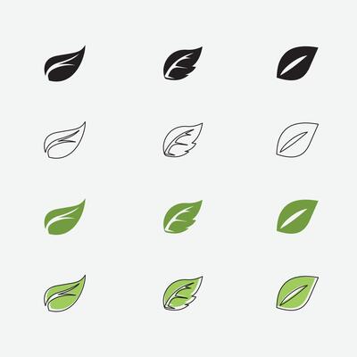 Green and black leaves world icons set isolated on white background illustration. Vegan, tree, plant, fresh, energy and healthy nutrition concept.