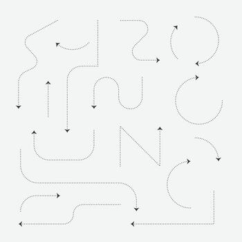 Collection hand drawn dash arrows. Set of simple curved arrows isolated on white background. Collection of pointers vector