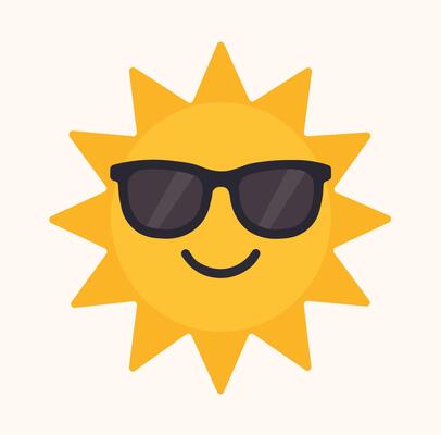 A cartoon sun with sunglasses on a white background