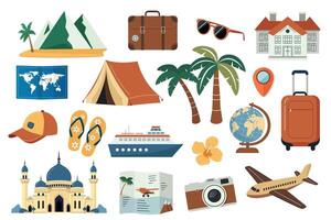 Flat style travel set with colorful tourism elements for vacation design, adventure projects. Trip planning vector