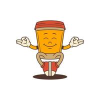 Cheerful Coffee Cup Mascot With Red Lid Calmly Meditating In Peaceful Pose Illustration vector