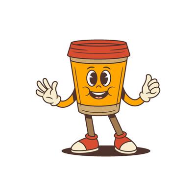 Cheerful Coffee Cup Mascot Waving Hand Showing Thumbs Up Friendly Takeaway Drink Illustration