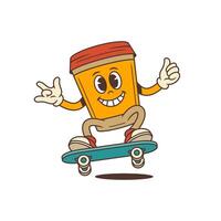 Energetic Playful Coffee Cup Mascot Riding Skateboard Showing Thumbs Up And Peace Sign Illustration vector