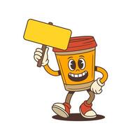 Walking Coffee Cup Mascot With Red Lid Holding Blank Yellow Signboard In Hand Illustration vector