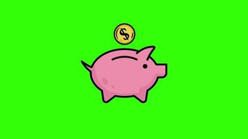 Piggy Bank with Coin Animation on Green Screen Background, 2D Savings and Finance Concept Illustration in 4K Resolution video