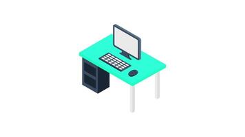 Isometric Animation of Computer Desk with Keyboard and Monitor, 2D Office Setup Illustration for Workplace and Productivity in 4K video