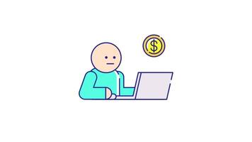Man Working on Laptop with Coin Coming Out, 2D Animation for Online Earnings, Digital Finance, and Income Growth in 4K Resolution video