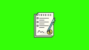 Paper with Pen and Check Invoice Icon 2D Animation on Green Screen Background for Finance, Billing, and Payment Concept in 4K video