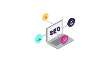 SEO Icon on Laptop Isometric 2D Animation, Digital Marketing and Search Engine Optimization Concept Illustration in 4K Resolution video