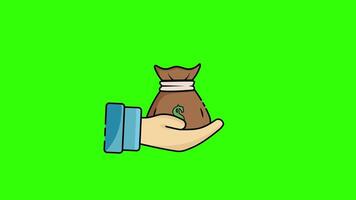 Hand Holding Money Bag 2D Animation on Green Background, Money Giving Explainer Animation for Finance and Charity in 4K video