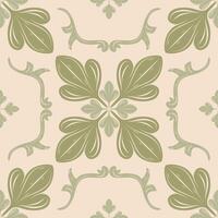 Damask Neo Classical Mythology Botany Leaves Petals Florals Medieval Style Seamless Repeat Pattern. Delicate Hand Drawn Royal Celadon Green Olive Scroll Ornament on Beige Background, Mosaic Tiles Lace vector