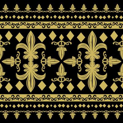Beautiful Fleur de lis Inspired Medieval Victorian Baroque Elaborate Rich Royal Gold Ornament Pattern Border. Exquisite Empire Style scroll and geometric element for Luxury Decoration Embroidery Batik