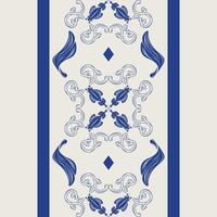 Royal Blue Luxury Motif Hand Drawn Ceramic Design Oriental Heavenly Wings Feather Inspired Seamless Border Lace Pattern. Elegant Monotone Fleur de lis Baroque Style for Tiles Mosaic Fabrics Textiles vector