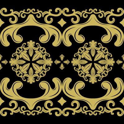 Intricate Fantasy Royal Gold Mystery Night Inspired Delicate Elegance Scroll Ornament Seamless Border Pattern. Starry Luxury Florals Stars Exquisitely Detailed for Decoration Silk Weaves Medieval Lace