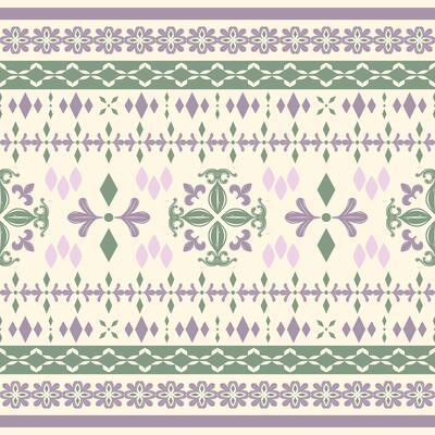 Beautiful horizontal border pattern in lilac, olive green, cream. Inspired by traditional Asian textile arts, floral bands, diamonds, ornamental repeat for wrapping silk textiles print spa branding