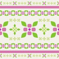 Seamless pattern with alternating rows of geometric flowers and stripes in pink and green hues. symmetrical layout and clean lines create a playful modern look for textile prints children product rug vector