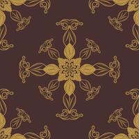 Exotic Magnificent Baroque Blooming Exquisitely Elaborate Seamless Pattern with Gold Scroll Ornament on Brown Background. Delicate Artistic Filigree Handicraft Drawn Embroidery Fabrics Textile Tiles vector