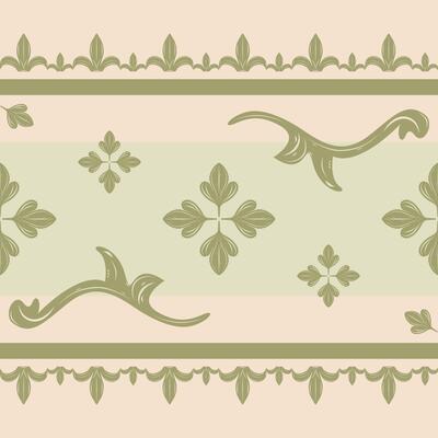 Abstract Medieval Scroll Ornament with Celadon Green Shades Seamless Border Pattern. Neo Classic Fleur de lis Flowing Four Leave Clover. Elaborate Modern Botany Delicate Elaborate Striped Apparel Lace