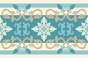 Luxury Damask Velvet Intricate Motif Florals Border Pattern with Gold Blue on Beige Background. Elegance Botany Baroque Atlantis Inspired Artistic Ornament Style for Embroidery Silk Filigree Scarf Rug vector