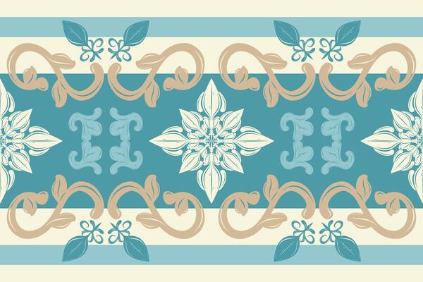 Luxury Damask Velvet Intricate Motif Florals Border Pattern with Gold Blue on Beige Background. Elegance Botany Baroque Atlantis Inspired Artistic Ornament Style for Embroidery Silk Filigree Scarf Rug