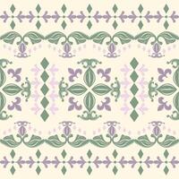 Elegant floral pattern inspired by vintage Thai motifs in soft green, lavender tones. Features intricate leaves, vines, ornamental border evoke a sense of tradition and natural elegance. Textile Silk vector