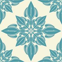 Intricate Flourish Fantasy Medieval Florals Tiles Decoration Royal Viridian Blue Ornament on Beige Background. BEAUTIFUL Blooming Damask Baroque Symmetric Seamless Pattern Silk Floor Curtain Textiles vector