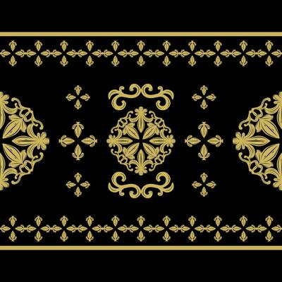 Classic Minimal Florals Gold Ornament On Black Background Border Pattern. Sense of Baroque Medieval Style for Rich Opulence Decoration Fashion Branding Fabrics Embroidery Ceramics Batik Scarf Silk Rug