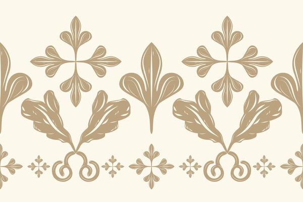 Flourish Elegance Royal Gentle Gold Scroll Ornament Decoration Seamless Border Pattern. Luxury Botanical Fleur de lis Style Striped for Rich Design Wallpaper, Carpet, Apparel Garment, Embroidery, Lace