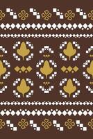 Magnificent Beautiful Cross Stitch Handicraft Ornament White Yellow on Brown. Autumn Warm Botany Style Knit Wear Pattern. Minimal Geometric Border for All Kind of Decoration Garment Scarf Tiles Mosaic vector