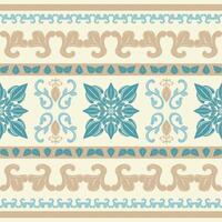 Ethnic Luxury Damask Atlantis Inspired Scroll Ornament on Beige Background. Medieval Gold Viridian Blue Intricate Florals Border Pattern Baroque Style Perfect for Embroidery Silk Tiles Lace Ceramics vector