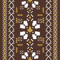 Abstract Pixel Inspired Geometric Traditional Motif Style Beautiful Pattern with Florals Leaves White Yellow on Brown Background. Delicate Neatly Magnificent Design for Culture Handicraft Mosaic Knit vector