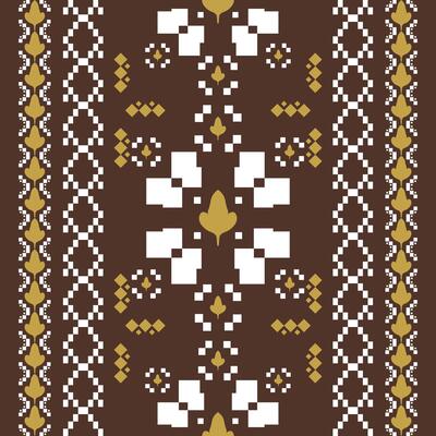 Abstract Pixel Inspired Geometric Traditional Motif Style Beautiful Pattern with Florals Leaves White Yellow on Brown Background. Delicate Neatly Magnificent Design for Culture Handicraft Mosaic Knit